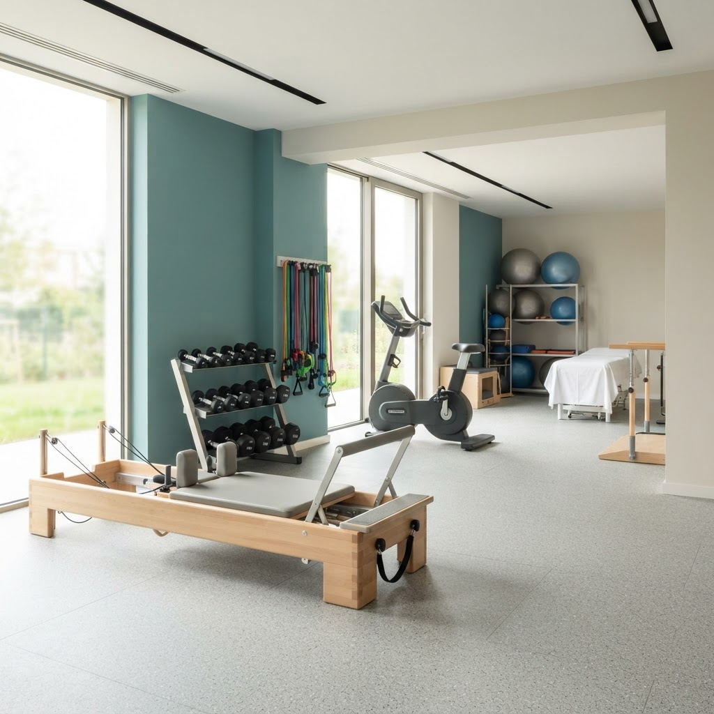 Physiotherapy rehabilitation gym with exercise equipment, a Pilates reformer and resistance bands